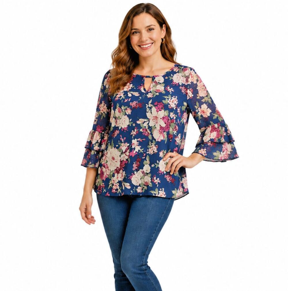 Wilde Womens Top Floral Cottagecore Boho Sheer Overlay Bell Tiered Sleeve Large